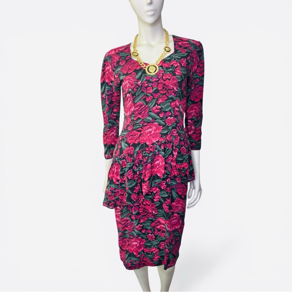 80's Floral Rose Cotton Peplum Midi Dress M
